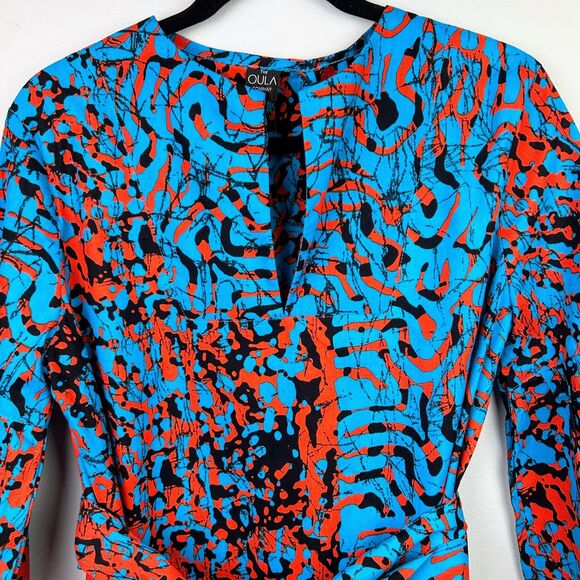 The OULA Company Tie Front Split Neck Dress Blue Orange Print Bell Sleeves S EUC - Picture 4 of 12